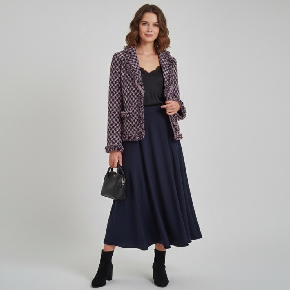 PARA CELSUS Tweed Plaid Jacket Blazer Purple Pink Frayed Hem